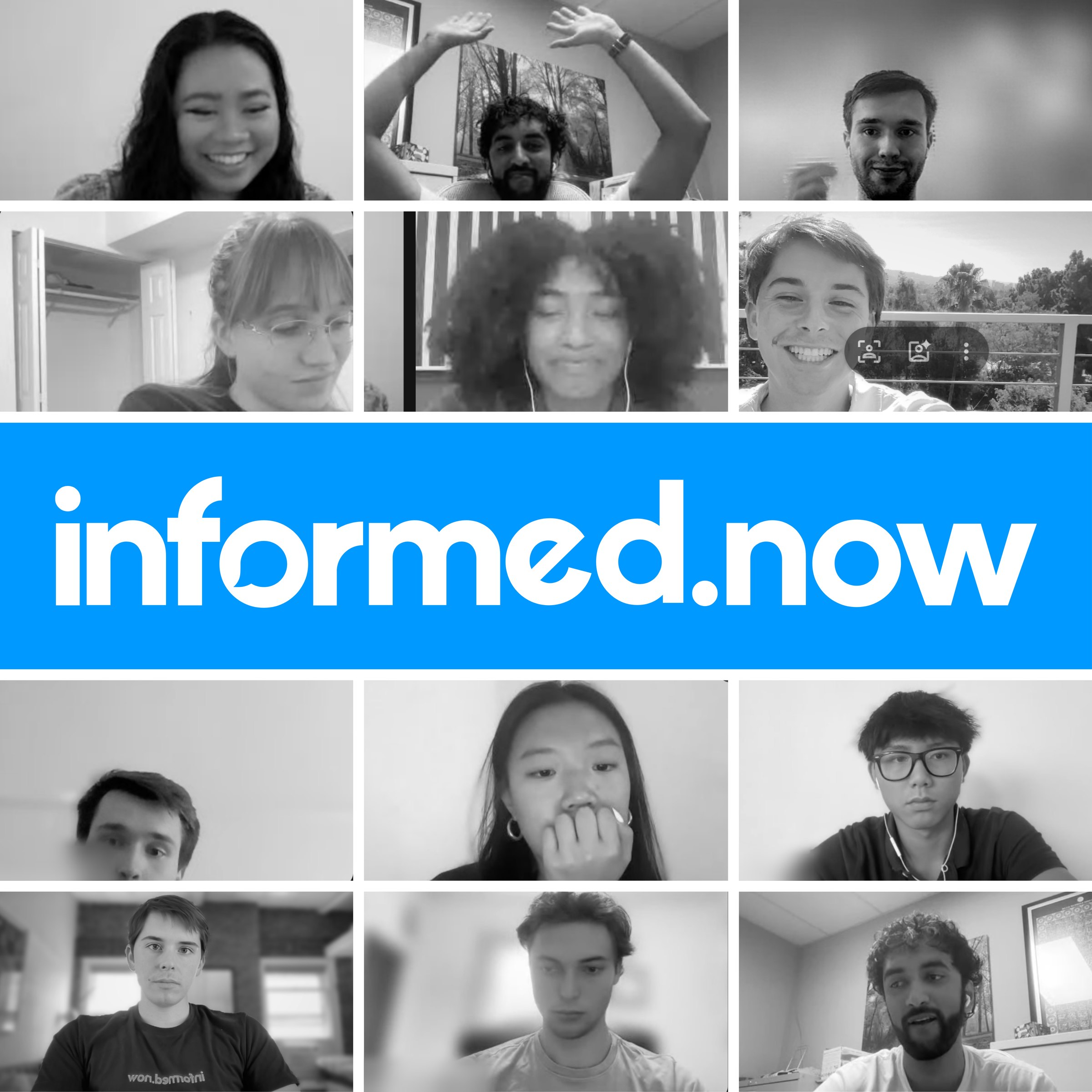 Black and white grid of Tournament players on Google Meets video calls, with the informed.now logo in blue across the middle